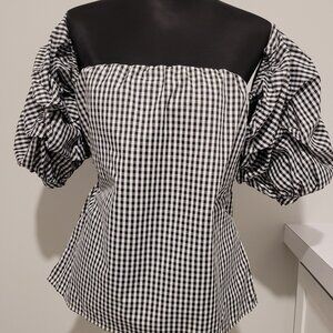 SHOULDERLESS B&W Gingham Style pouf sleeve summer blouse